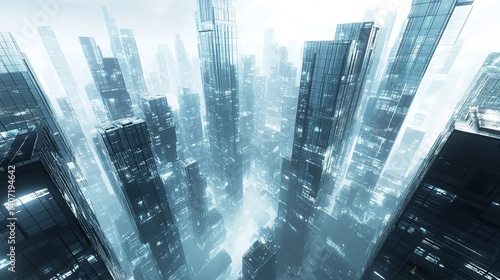 A futuristic city with tall buildings and glowing lights