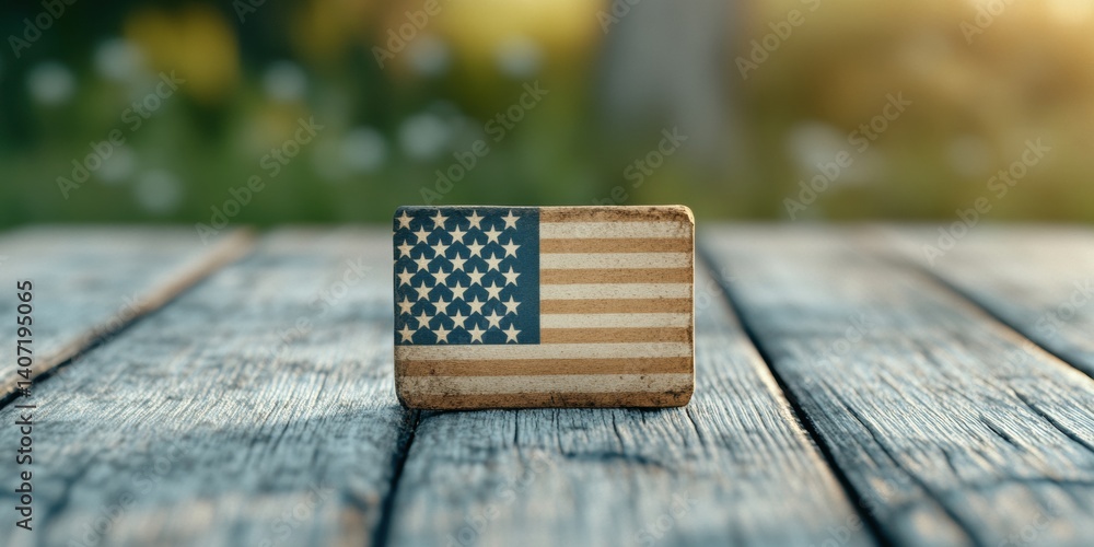 Obraz premium patriotic postcard template, d postcard template with folded american flag, rustic wood table, dramatic lighting, empty space for quote or date