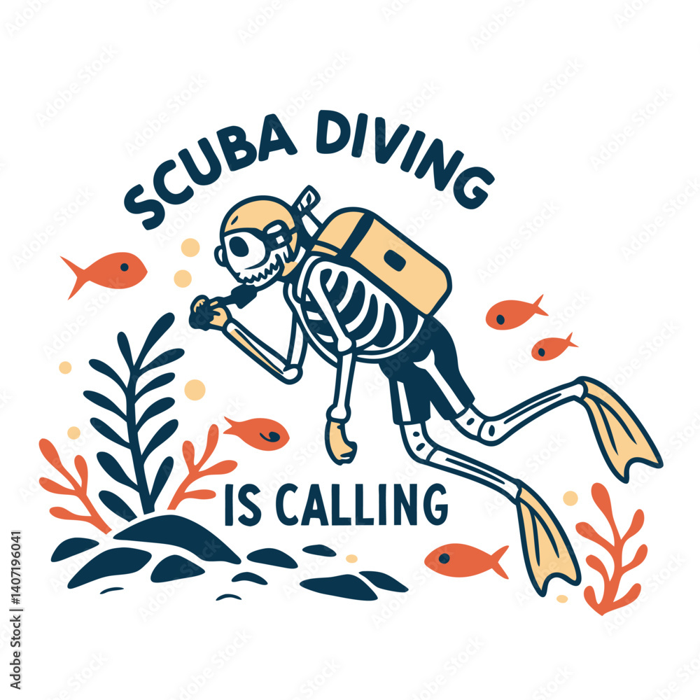 Whimsical Scuba Diving Skeleton Surrounded By Fish And Coral Reef Underwater Illustration Whimsical Scuba Diving Skeleton Surrounded By Fish And Coral Reef Underwater Illustration