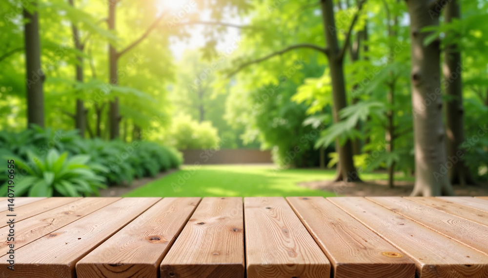 Fresh wooden table in a lush green forest background Fresh wooden table in a lush green forest background
