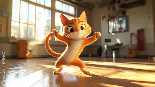 Animated Cartoon Cat in Spacious Room with Bright Sunlight Effects