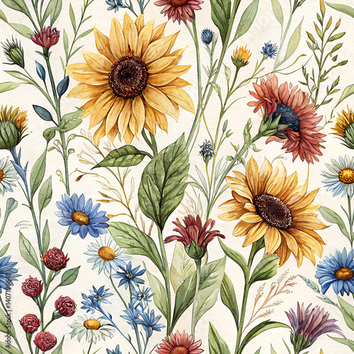 Vibrant Hand-Painted Watercolor Pattern Featuring Abstract Sunflowers and Wildflowers for Summer Decor