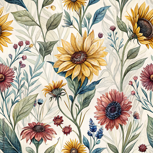 Seamless Summer Pattern of Abstract Sunflowers and Wildflowers: Hand-Painted Watercolor Design with Transparent Background