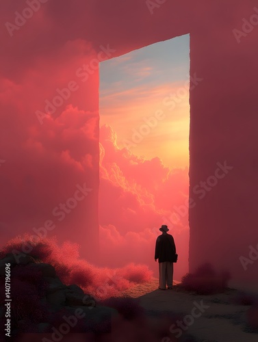 Beyond the Veil: A lone figure gazes into a portal of vibrant hues, a surreal journey through the unknown, framed by an enigmatic border, a testament to curiosity and exploration.
