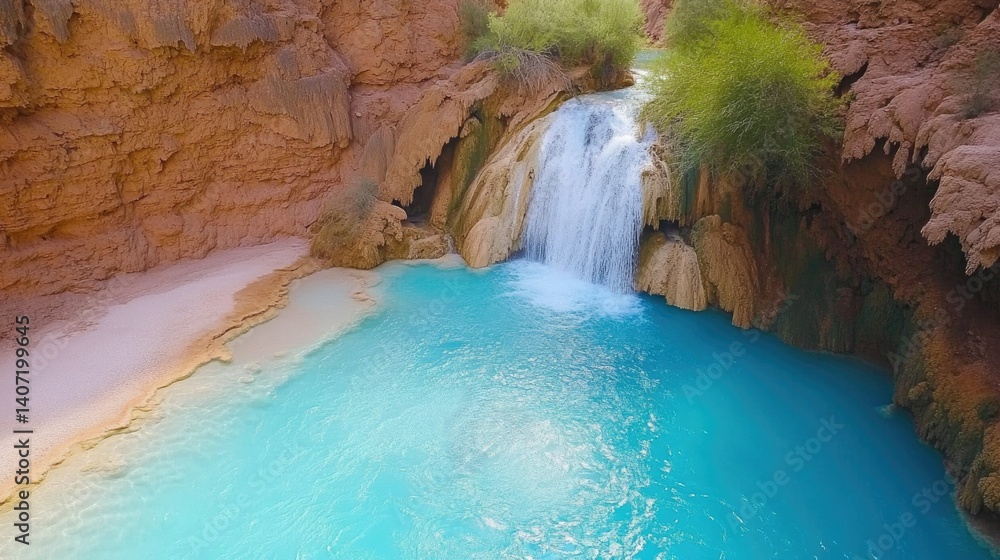 Naklejka premium Serene Waterfall Cascading into Turquoise Pool Surrounded by Red Rock Canyon Landscape
