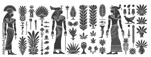 features black and white silhouettes of ancient Egyptian figures, symbols, plants, and hieroglyphs, reflecting the rich cultural and artistic heritage of Egypt