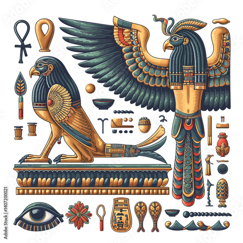 showcases intricate Egyptian symbols and deities, including a falcon, ankh, and various artifacts, celebrating the rich history and mythology of ancient Egypt