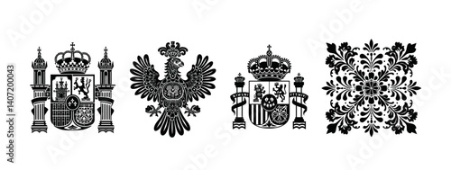 showcases four ornate black silhouettes, including royal crests and a floral design, reflecting regal symbolism and artistic heritage