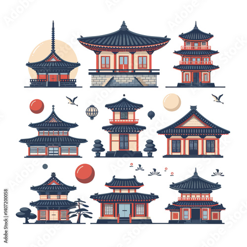 showcases a variety of traditional Asian buildings, including pagodas and temples, along with decorative elements like trees, lanterns, and circles, reflecting cultural architecture