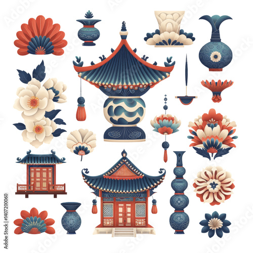 features a collection of traditional Chinese artistic elements, including pagodas, vases, flowers, and decorative motifs, celebrating cultural heritage