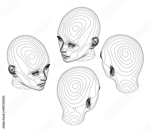 Four drawings of a head with a circle in the middle. The drawings are all different but have the same circle in the middle