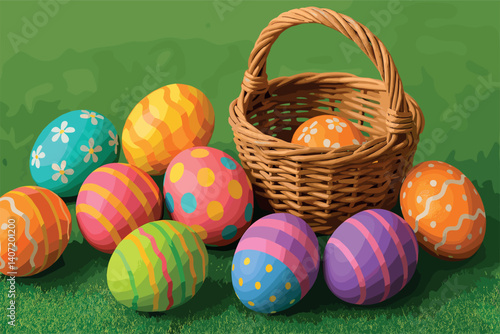 Colorful easter egg basket on grass - perfect for holiday decoration and celebration
