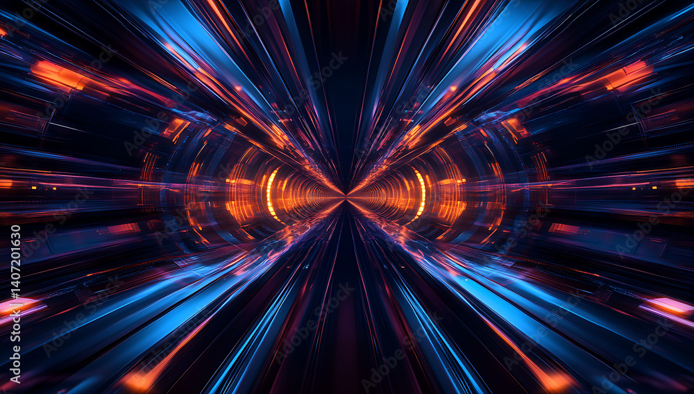 Abstract futuristic tunnel with glowing orange and blue light streaks Abstract futuristic tunnel with glowing orange and blue light streaks