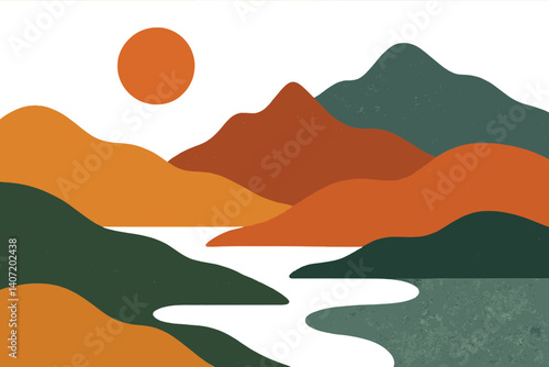 Abstract landscape illustration with sun and mountains in warm earth tones for wall art and design