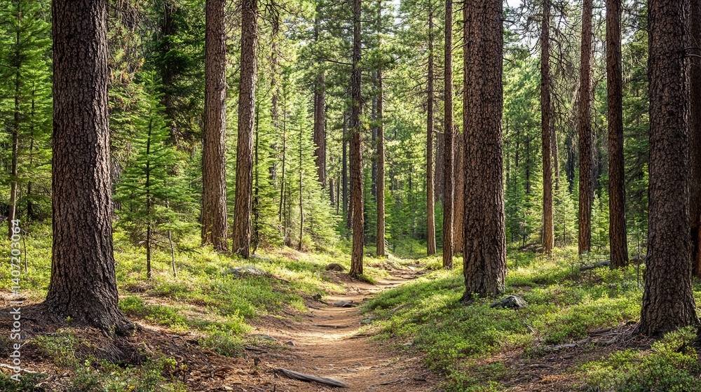 Naklejka premium Beautiful Morning Coniferous Forest Covered in Mist with Soft Sunlight Filtering Through Trees – Serene Natural Landscape with Pine Trees, Foggy Atmosphere, and Peaceful Wilderness Scenery 