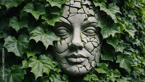 Stone sculpture of a face partially hidden in foliage, religious site