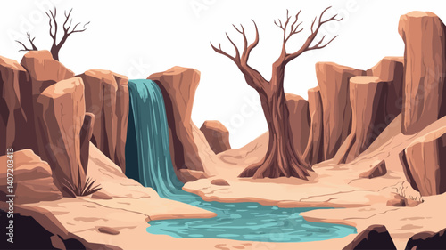 A digital illustration depicting a stylized desert landscape. The scene features tan and beige colored rock formations surrounding a small oasis.  A turquoise waterfall flows from a crevice 