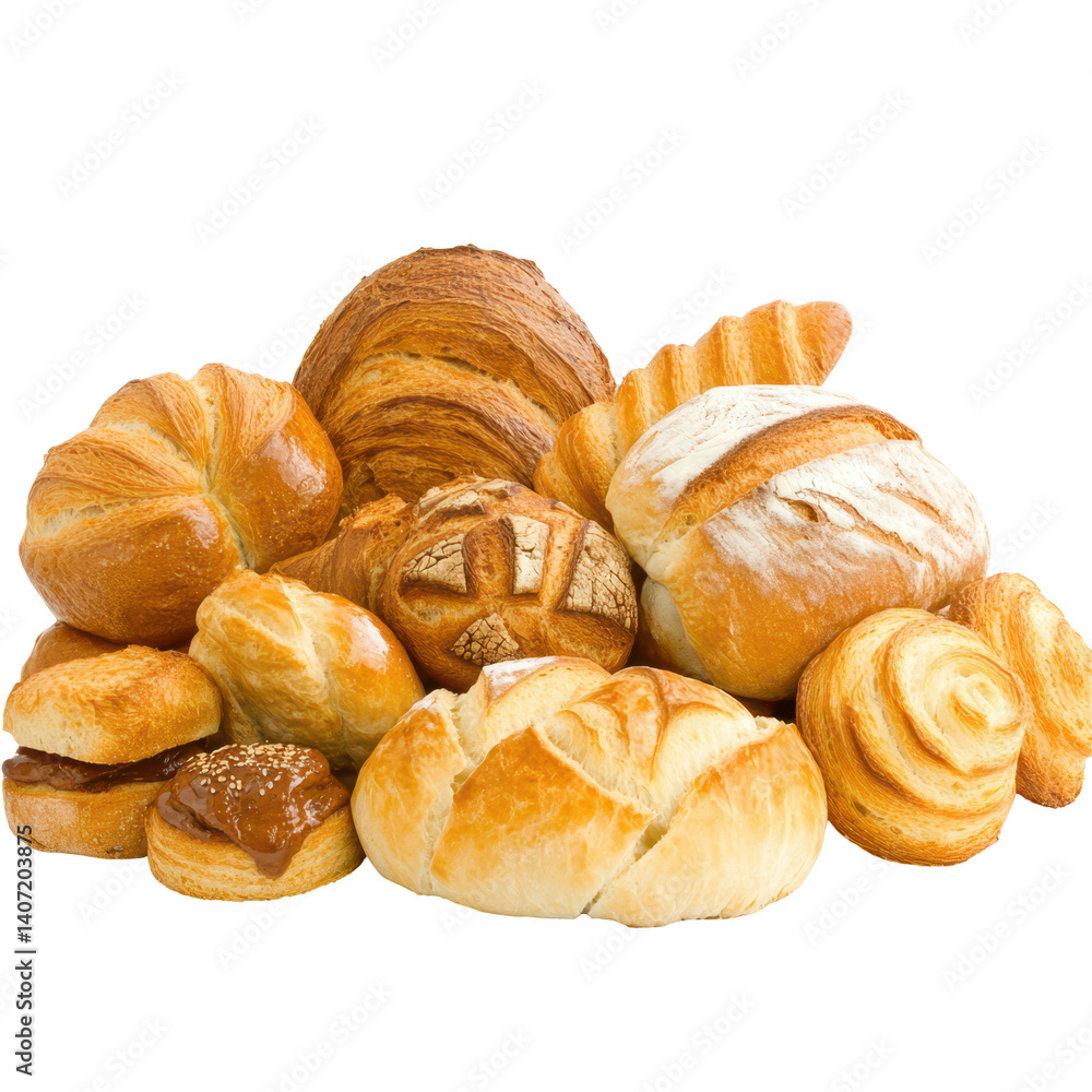 Artisan Bread Assortment: A delightful collection of freshly baked artisan breads, including loaves, rolls, and pastries, showcasing a variety of textures and golden-brown crusts. Artisan Bread Assortment: A delightful collection of freshly baked artisan breads, including loaves, rolls, and pastries, showcasing a variety of textures and golden-brown crusts.