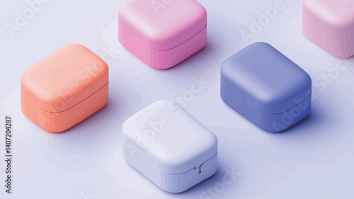 High-angle, close-up view of five small, rectangular boxes in pastel colors (pink, orange, light purple, white) arranged on a light gray or white background. The boxes are uniformly sized 