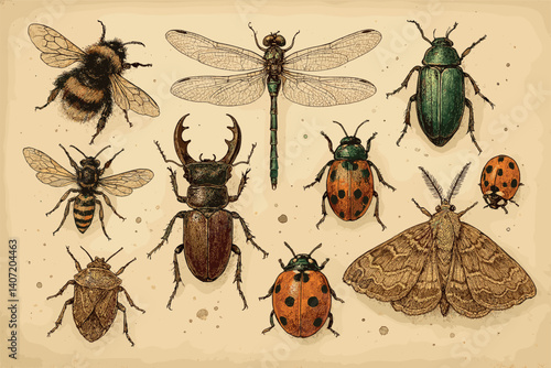 Vintage insect collection illustration featuring beetles, dragonfly, and moth for educational and decorative use