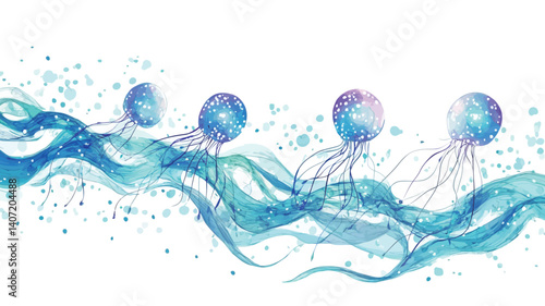 Digital illustration depicting stylized jellyfish with iridescent, spherical bodies and flowing tentacles.  The jellyfish are positioned above a series of dynamic