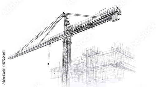 The image is a monochrome sketch depicting a large construction crane positioned prominently in the foreground.  The crane is detailed, showing its structure and mechanics. Behind the crane