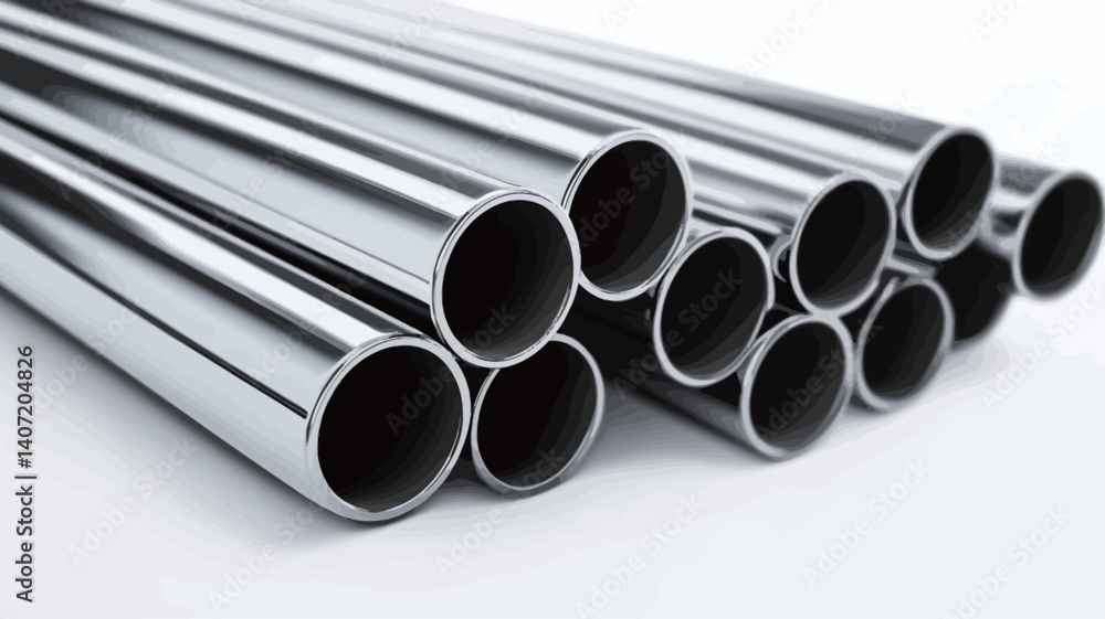 Close-up image of a stack of numerous cylindrical polished metal pipes. The pipes are uniformly sized and exhibit a high degree of reflectivity, showcasing highlights and reflections Close-up image of a stack of numerous cylindrical polished metal pipes. The pipes are uniformly sized and exhibit a high degree of reflectivity, showcasing highlights and reflections