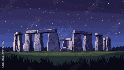 Digital painting depicting Stonehenge at night under a starry sky. The image shows the iconic stone circle in detail, with individual stones rendered with texture and variation in tone