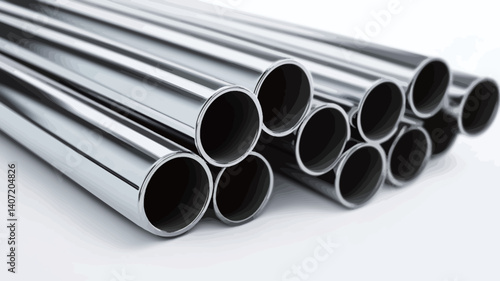 Close-up image of a stack of numerous cylindrical polished metal pipes. The pipes are uniformly sized and exhibit a high degree of reflectivity, showcasing highlights and reflections