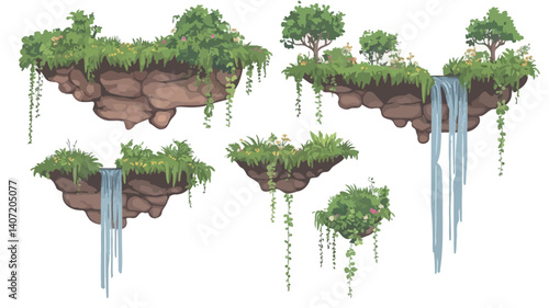 The image contains a digital illustration of five stylized floating islands against a white background. Each island is composed of brown, rocky formations with varying amounts of green vegetation