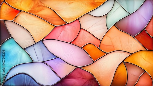 Colorful Abstract Stained Glass Pattern with Curved Shapes and Soft Textures for Artistic Use
