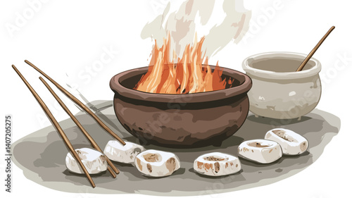 A digital painting depicts a rustic scene of marshmallows being roasted over a small open fire in a brown earthenware bowl.  Three wooden sticks are shown with marshmallows partially roasted.