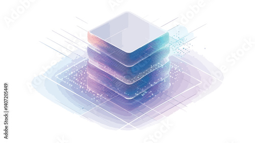 Isometric illustration of three translucent cubes stacked vertically, representing a data structure or server architecture.  The cubes exhibit a gradient color scheme