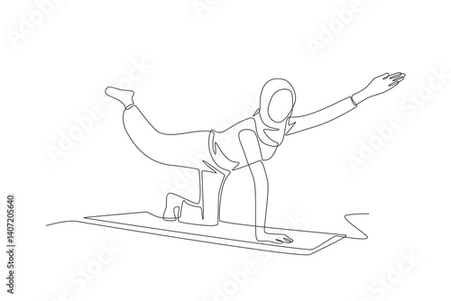 Muslim woman wearing hijab doing pilates. Hijabi pilates concept one-line drawing