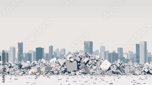 The image depicts a large pile of gray concrete rubble in the foreground, sharply contrasted against a muted, desaturated cityscape skyline in the background. The rubble consists of irregularly