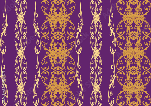 Vector seamless vintage pattern with intertwined golden decorative swirl elements on a very dark magenta background.