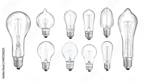 A digital illustration showcasing a collection of various vintage-style light bulbs. The image is a top-down view of ten light bulbs presented in a two rows.  The bulbs are rendered in grayscale,