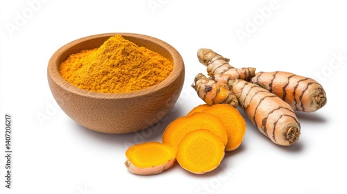 Fresh turmeric root and powder in wooden bowl on white background for healthy cooking and wellness