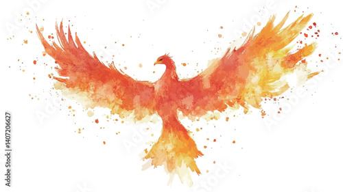 A watercolor painting depicting a phoenix, a mythical bird, with its wings outstretched. The bird is rendered in shades of orange, yellow, and red, with flames and sparks emanating from its body