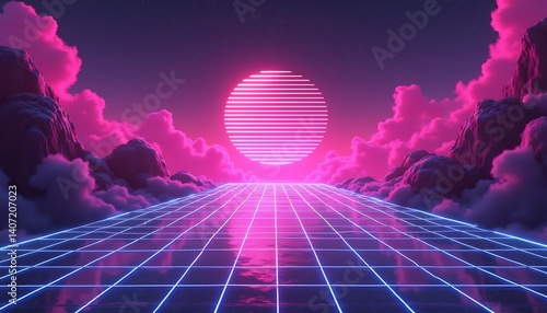 Cyber Sunset Landscape: A futuristic neon-lit grid pathway extends towards a pixelated sun set amidst stylized pink clouds and mountains, evoking a sense of wonder and digital exploration.