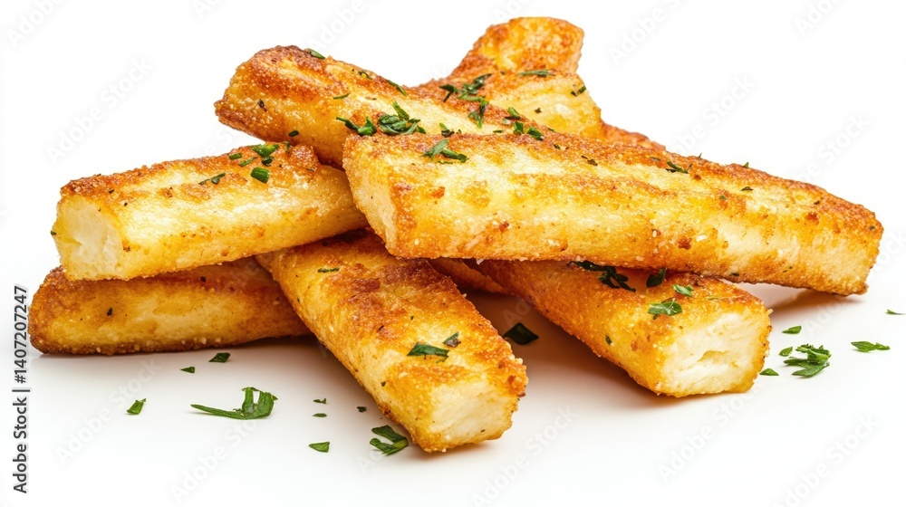 Crispy Golden Fish Sticks on White Background with Fresh Green Parsley Garnish Crispy Golden Fish Sticks on White Background with Fresh Green Parsley Garnish