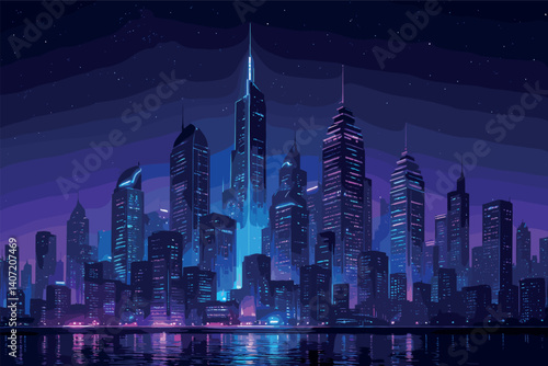 Futuristic neon cityscape at night with illuminated skyscrapers reflecting on water