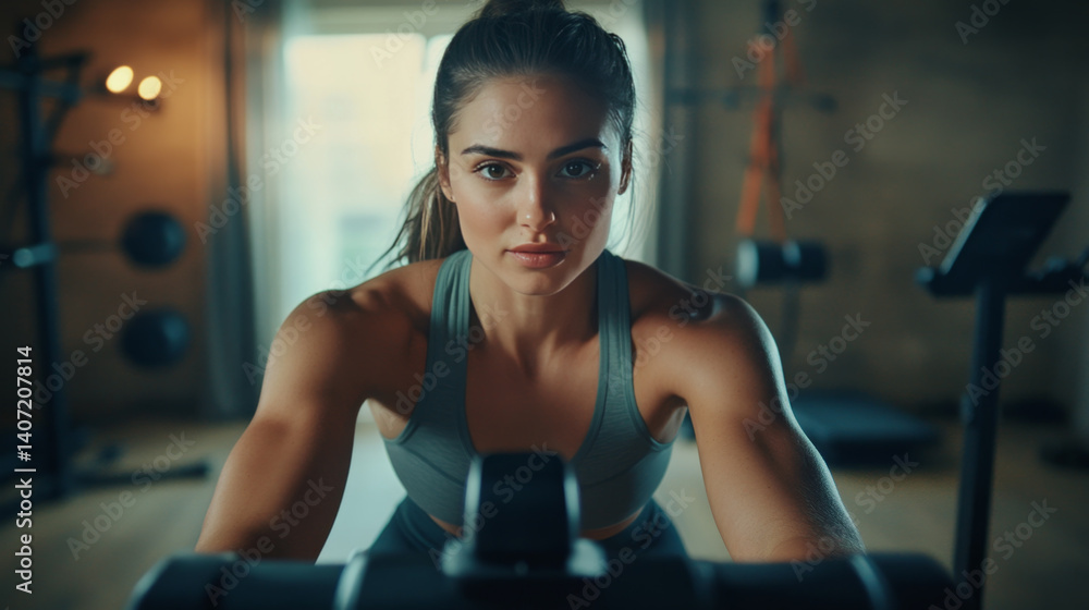 Obraz premium Confident woman standing in a gym, ready for a workout