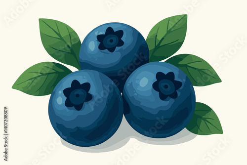 Fresh blueberries with green leaves illustration for food packaging and design