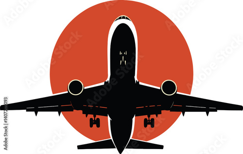Airplane silhouette against red sun backdrop symbolizing travel and aviation