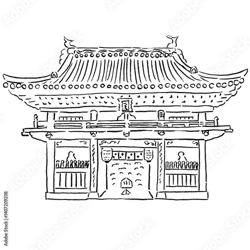 観光/四国徳島県の「一番札所」＿手描き線画カットイラスト・モノクロ
