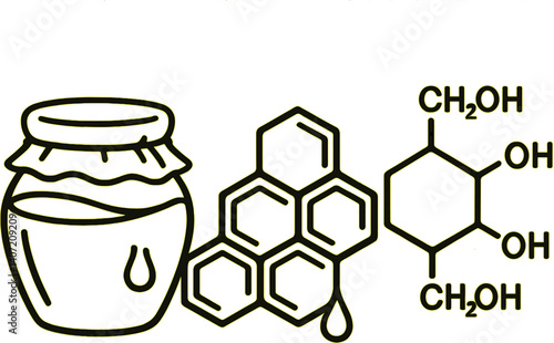Honey jar and chemical structure of honey components for science education and organic product design