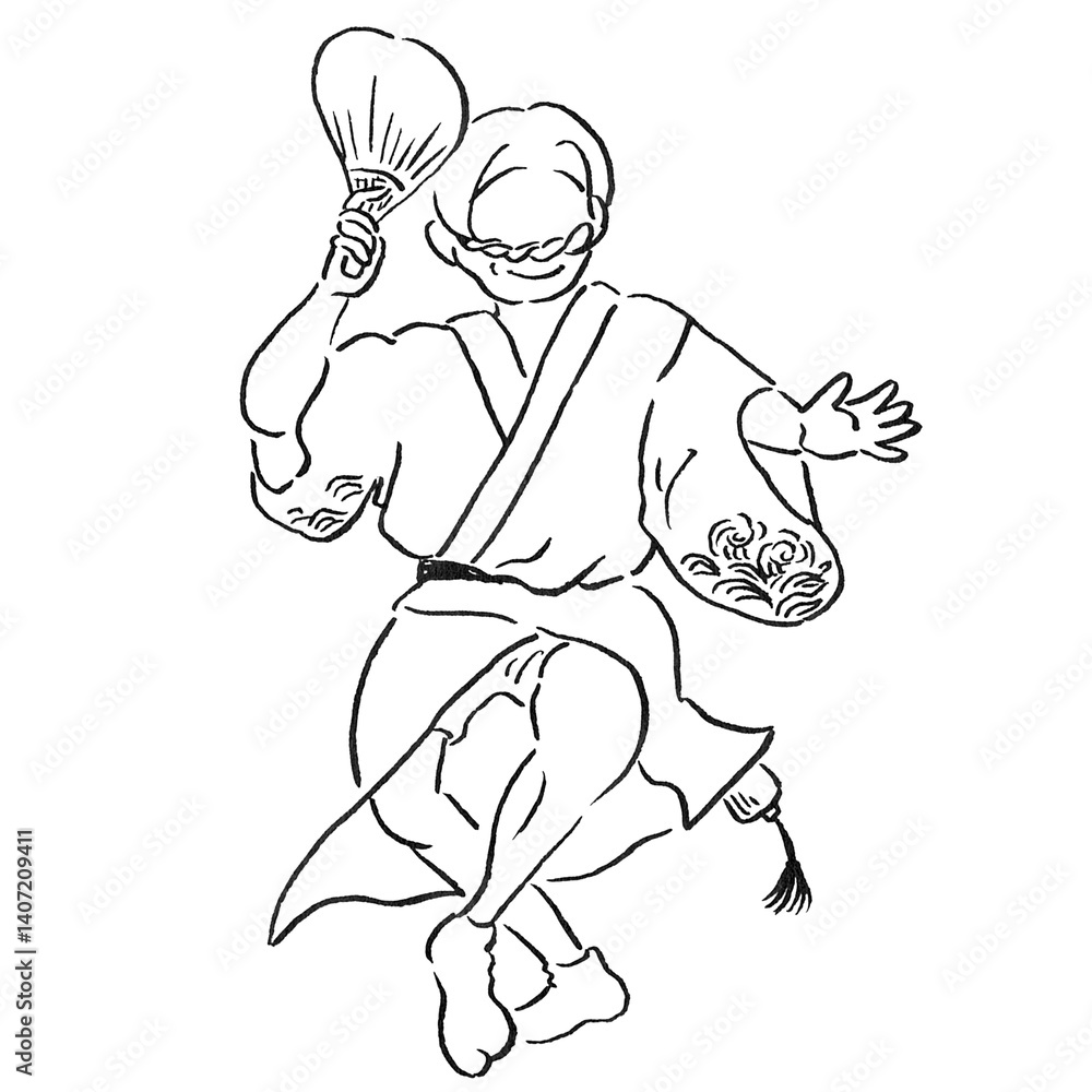Fototapeta premium 観光/四国徳島県の阿波踊り[男踊りの手描き線画カットイラスト]モノクロ 