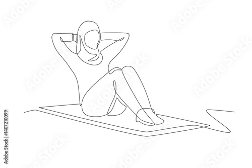 Muslim woman wearing hijab doing pilates. Hijabi pilates concept one-line drawing