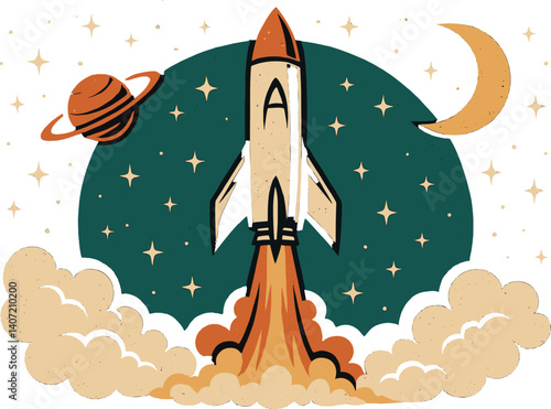 Vintage space adventure with rocket launch and celestial elements